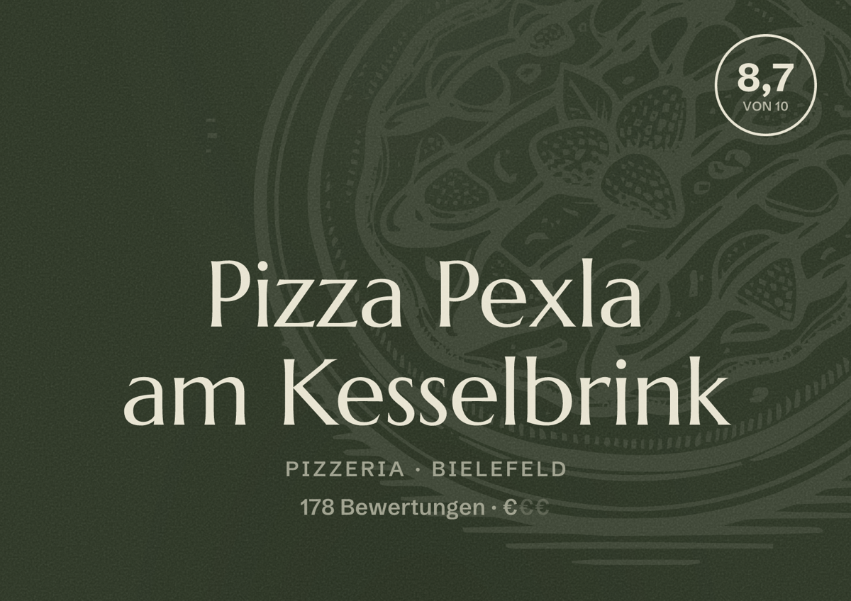 Illustriertes Poster von Pizza Pexla am Kesselbrink, Pizzeria in Bielefeld: Bewertung 8,7 von 10 aus 178 Bewertungen, Preisniveau €