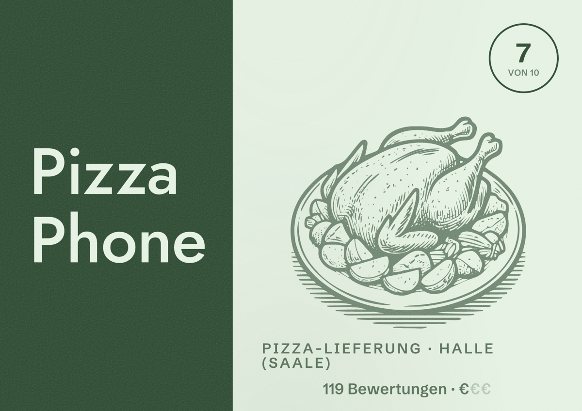 Illustriertes Poster von Pizza Phone, Pizza-Lieferung in Halle (Saale): Bewertung 7 von 10 aus 119 Bewertungen, Preisniveau €