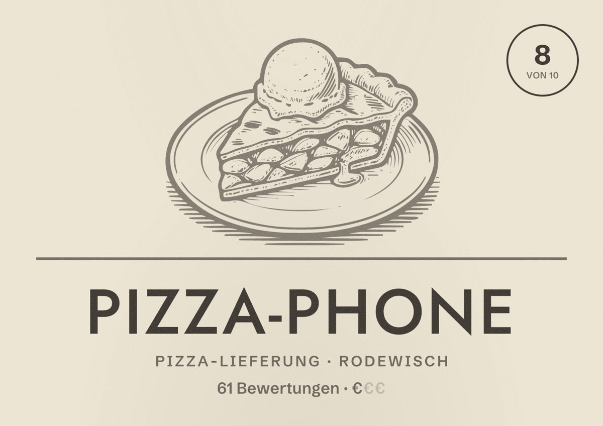 Illustriertes Poster von Pizza-Phone, Pizza-Lieferung in Rodewisch: Bewertung 8 von 10 aus 61 Bewertungen, Preisniveau €