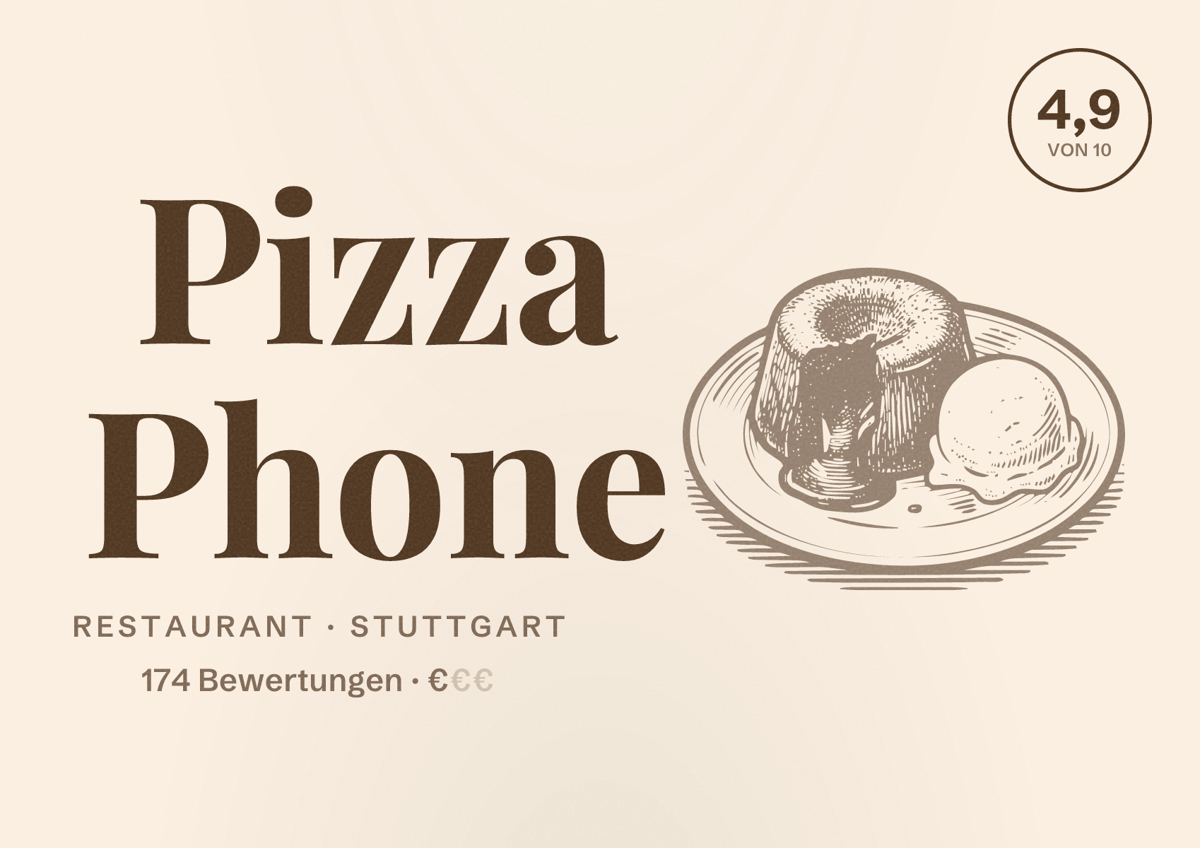 Illustriertes Poster von Pizza Phone, Restaurant in Stuttgart: Bewertung 4,9 von 10 aus 174 Bewertungen, Preisniveau €