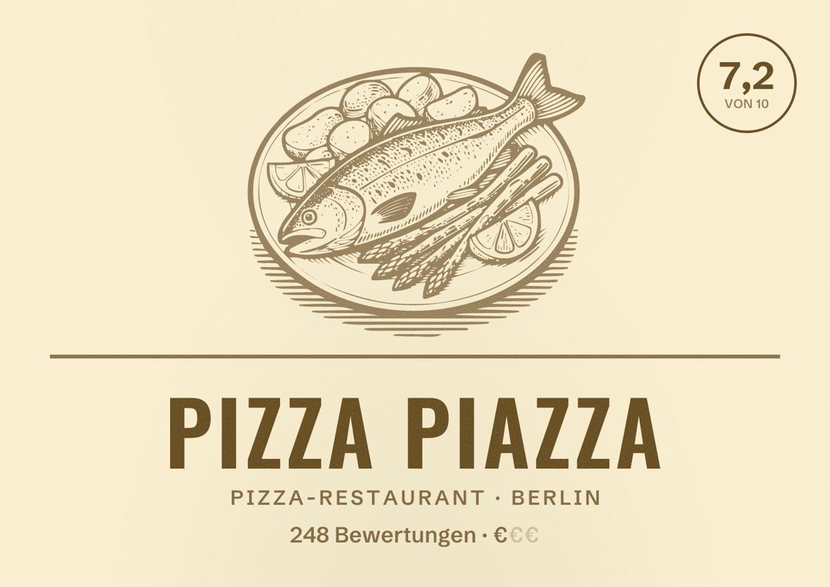 Illustriertes Poster von Pizza Piazza, Pizza-Restaurant in Berlin: Bewertung 7,2 von 10 aus 248 Bewertungen, Preisniveau €