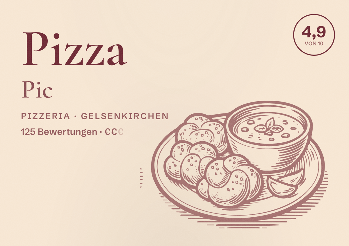 Illustriertes Poster von Pizza Pic, Pizzeria in Gelsenkirchen: Bewertung 4,9 von 10 aus 125 Bewertungen, Preisniveau €€