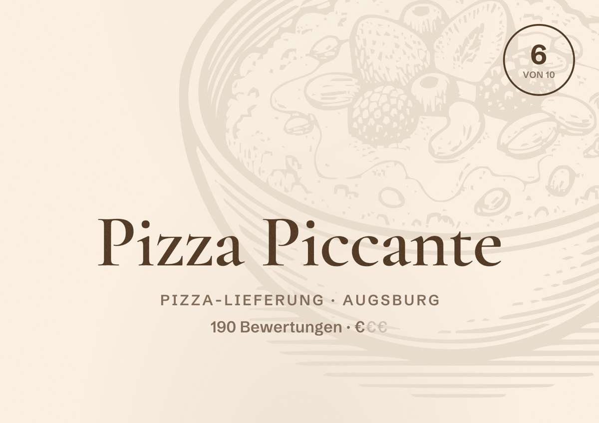 Illustriertes Poster von Pizza Piccante, Pizza-Lieferung in Augsburg: Bewertung 6,0 von 10 aus 190 Bewertungen, Preisniveau €
