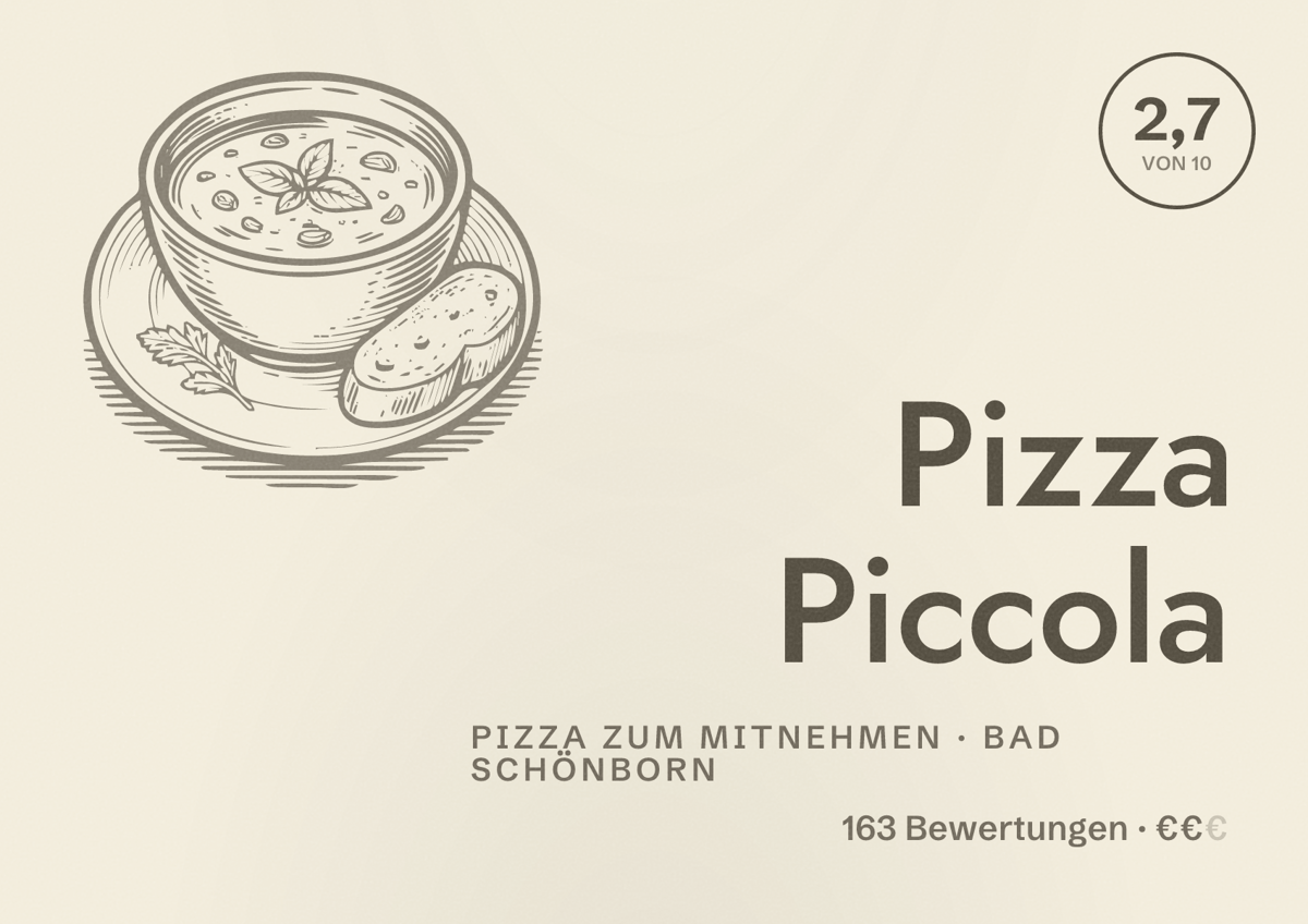 Illustriertes Poster von Pizza Piccola, Pizza zum Mitnehmen in Bad Schönborn: Bewertung 2,7 von 10 aus 163 Bewertungen, Preisniveau €€