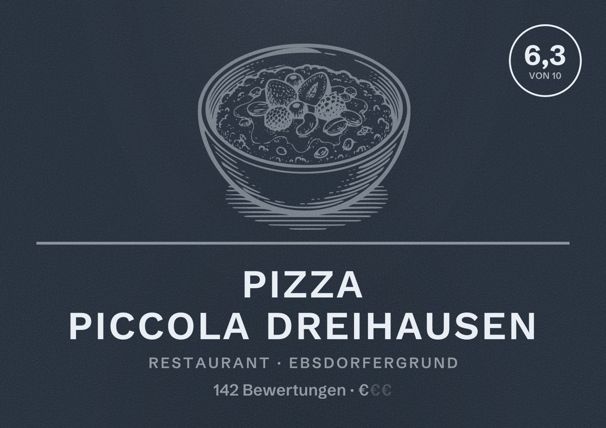 Illustriertes Poster von Pizza Piccola Dreihausen, Restaurant in Ebsdorfergrund: Bewertung 6,3 von 10 aus 142 Bewertungen, Preisniveau €