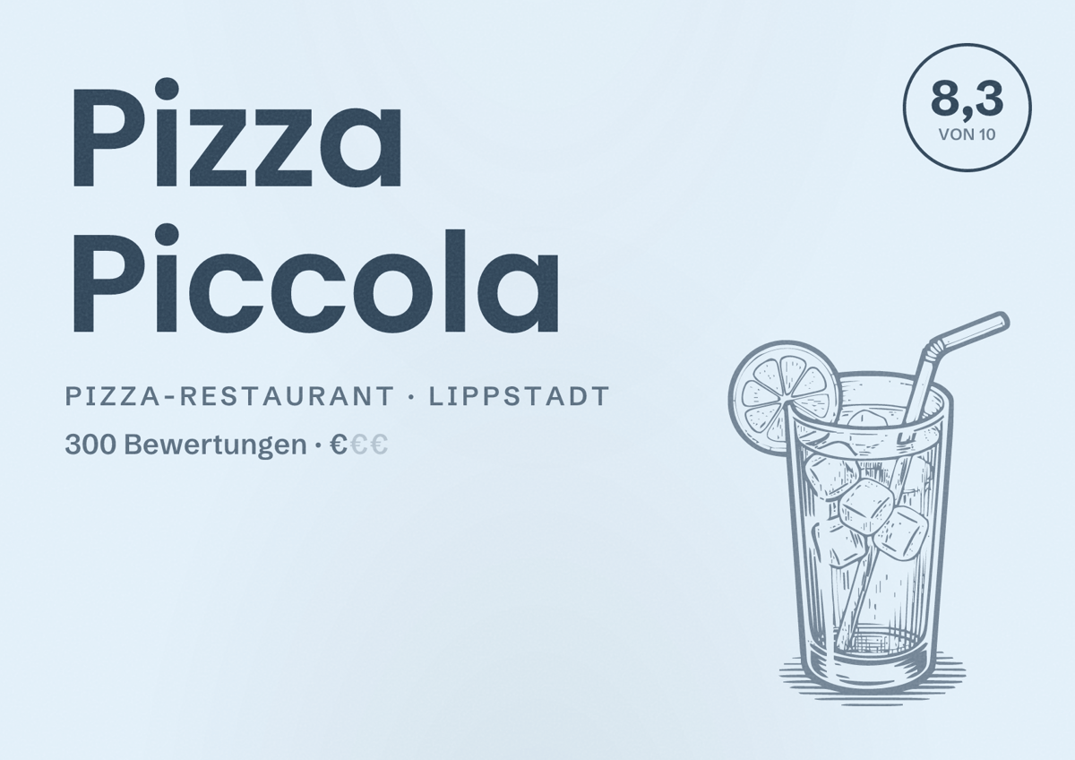 Illustriertes Poster von Pizza Piccola, Pizza-Restaurant in Lippstadt: Bewertung 8,3 von 10 aus 300 Bewertungen, Preisniveau €