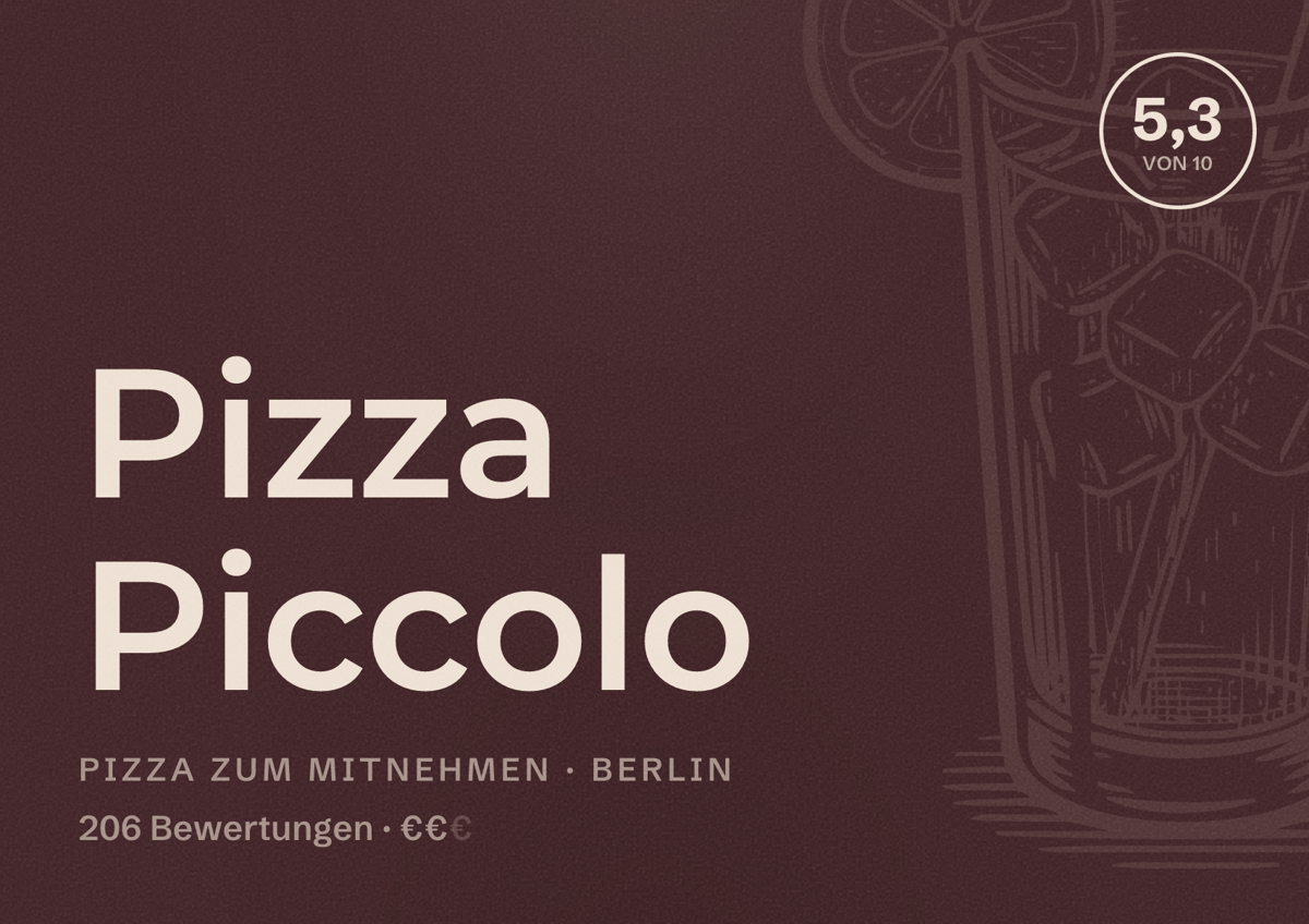 Illustriertes Poster von Pizza Piccolo, Pizza zum Mitnehmen in Berlin: Bewertung 5,3 von 10 aus 206 Bewertungen, Preisniveau €€
