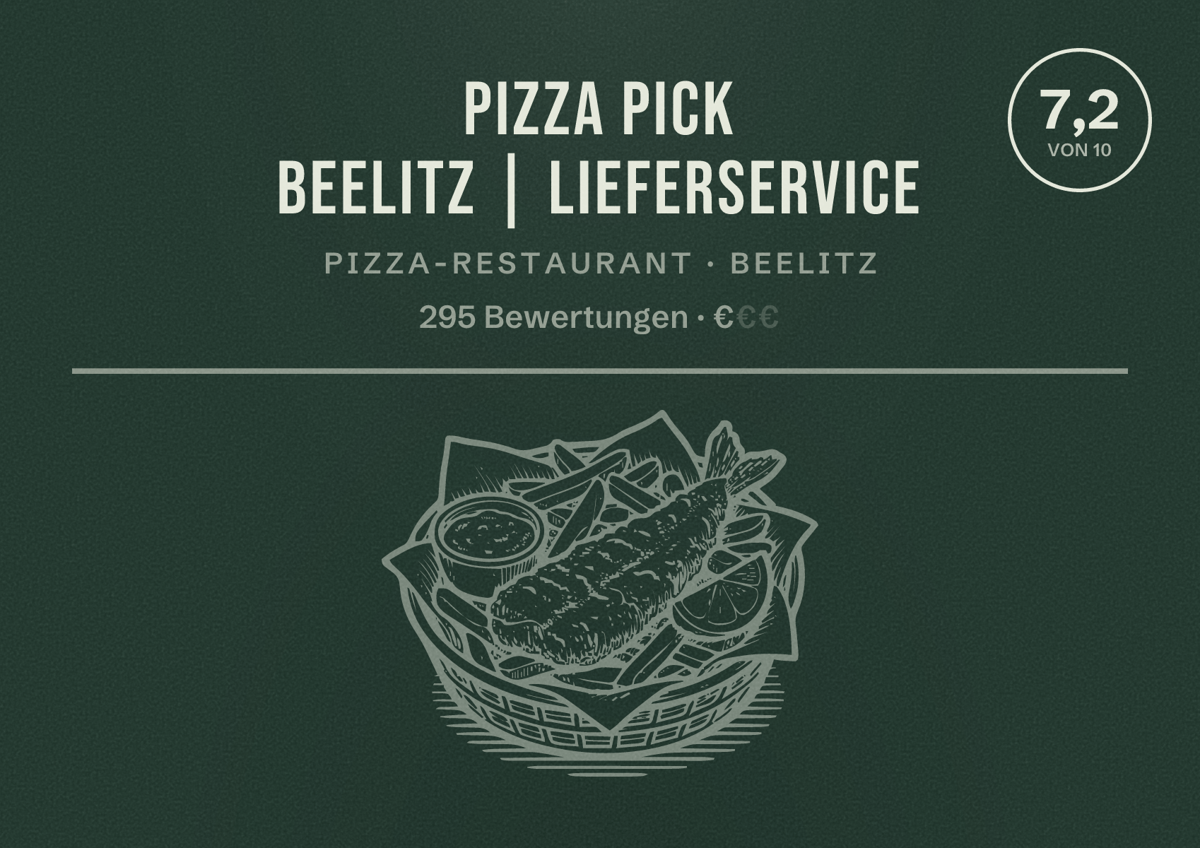 Illustriertes Poster von PIZZA PICK Beelitz | Lieferservice, Pizza-Restaurant in Beelitz: Bewertung 7,2 von 10 aus 295 Bewertungen, Preisniveau €