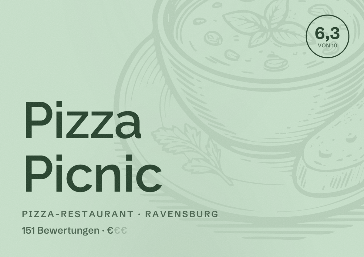 Illustriertes Poster von Pizza Picnic, Pizza-Restaurant in Ravensburg: Bewertung 6,3 von 10 aus 151 Bewertungen, Preisniveau €