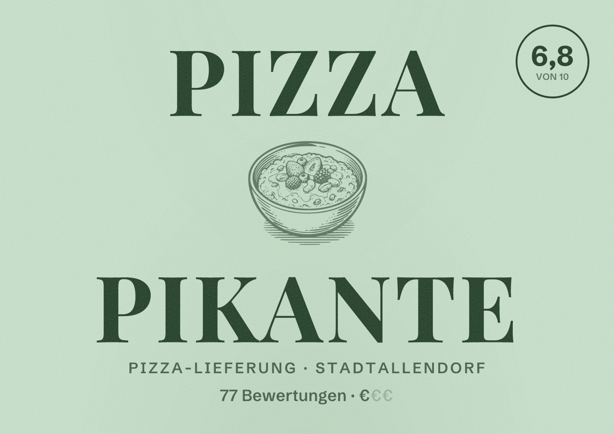 Illustriertes Poster von Pizza Pikante, Pizza-Lieferung in Stadtallendorf: Bewertung 6,8 von 10 aus 77 Bewertungen, Preisniveau €
