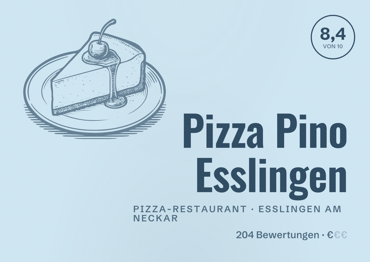 Illustriertes Poster von Pizza Pino Esslingen, Pizza-Restaurant in Esslingen am Neckar: Bewertung 8,4 von 10 aus 204 Bewertungen, Preisniveau €