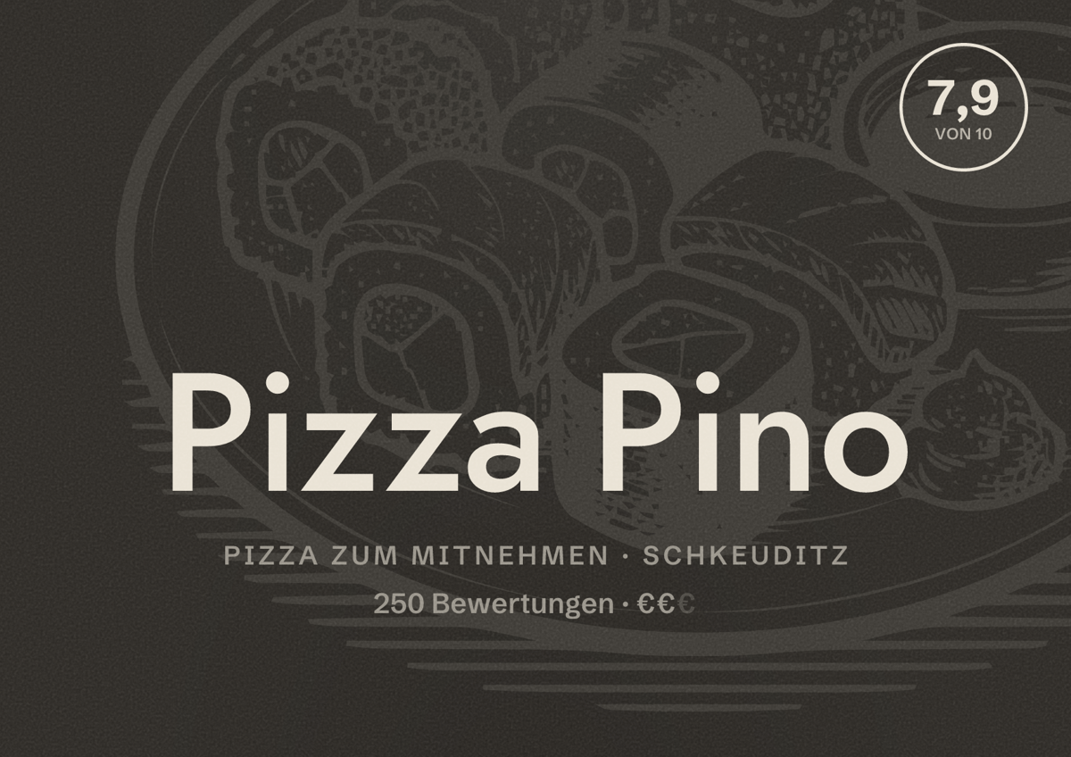 Illustriertes Poster von Pizza Pino, Pizza zum Mitnehmen in Schkeuditz: Bewertung 7,9 von 10 aus 250 Bewertungen, Preisniveau €€