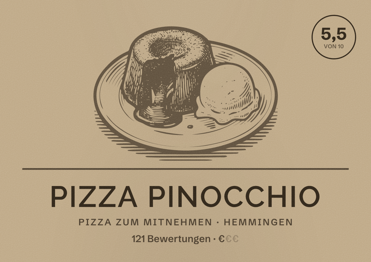 Illustriertes Poster von Pizza Pinocchio, Pizza zum Mitnehmen in Hemmingen: Bewertung 5,5 von 10 aus 121 Bewertungen, Preisniveau €