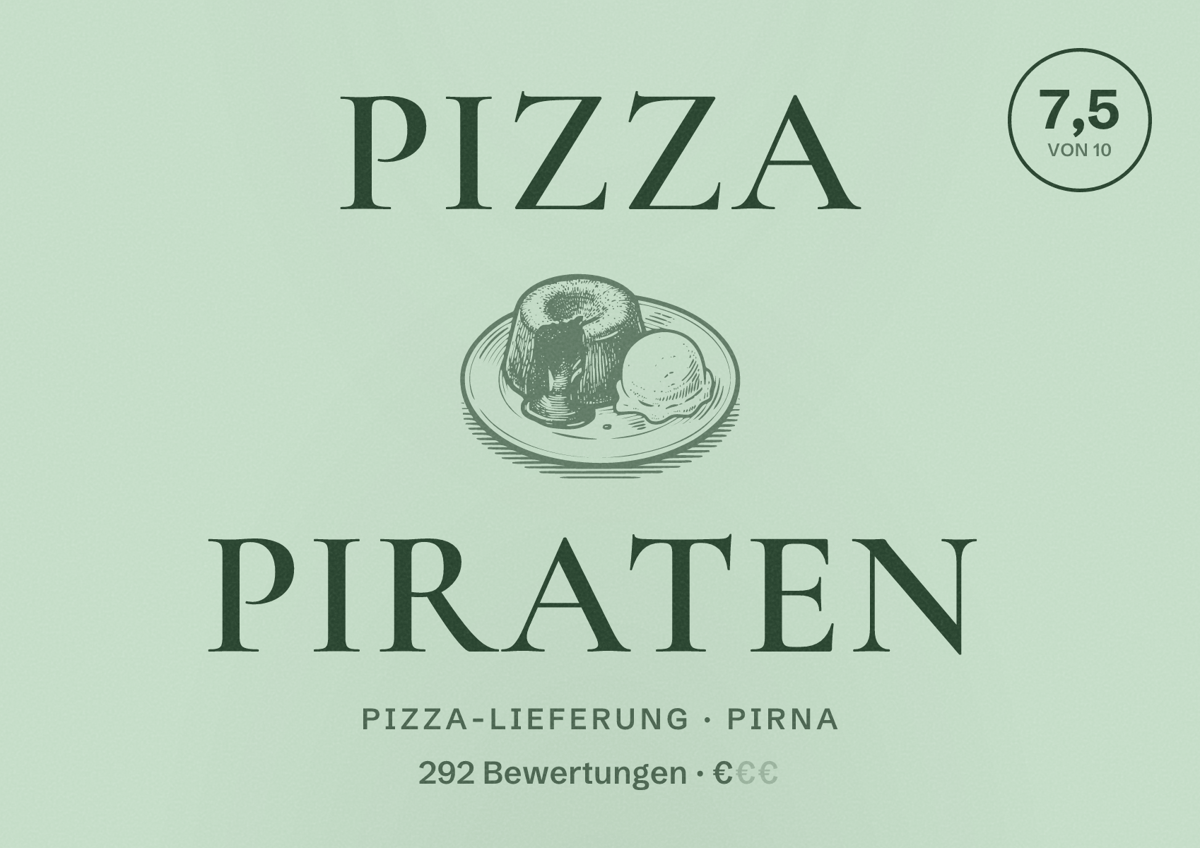 Illustriertes Poster von Pizza Piraten, Pizza-Lieferung in Pirna: Bewertung 7,5 von 10 aus 292 Bewertungen, Preisniveau €