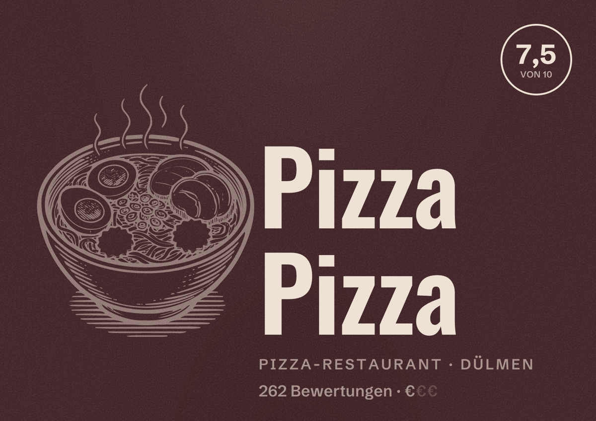 Illustriertes Poster von Pizza Pizza, Pizza-Restaurant in Dülmen: Bewertung 7,5 von 10 aus 262 Bewertungen, Preisniveau €