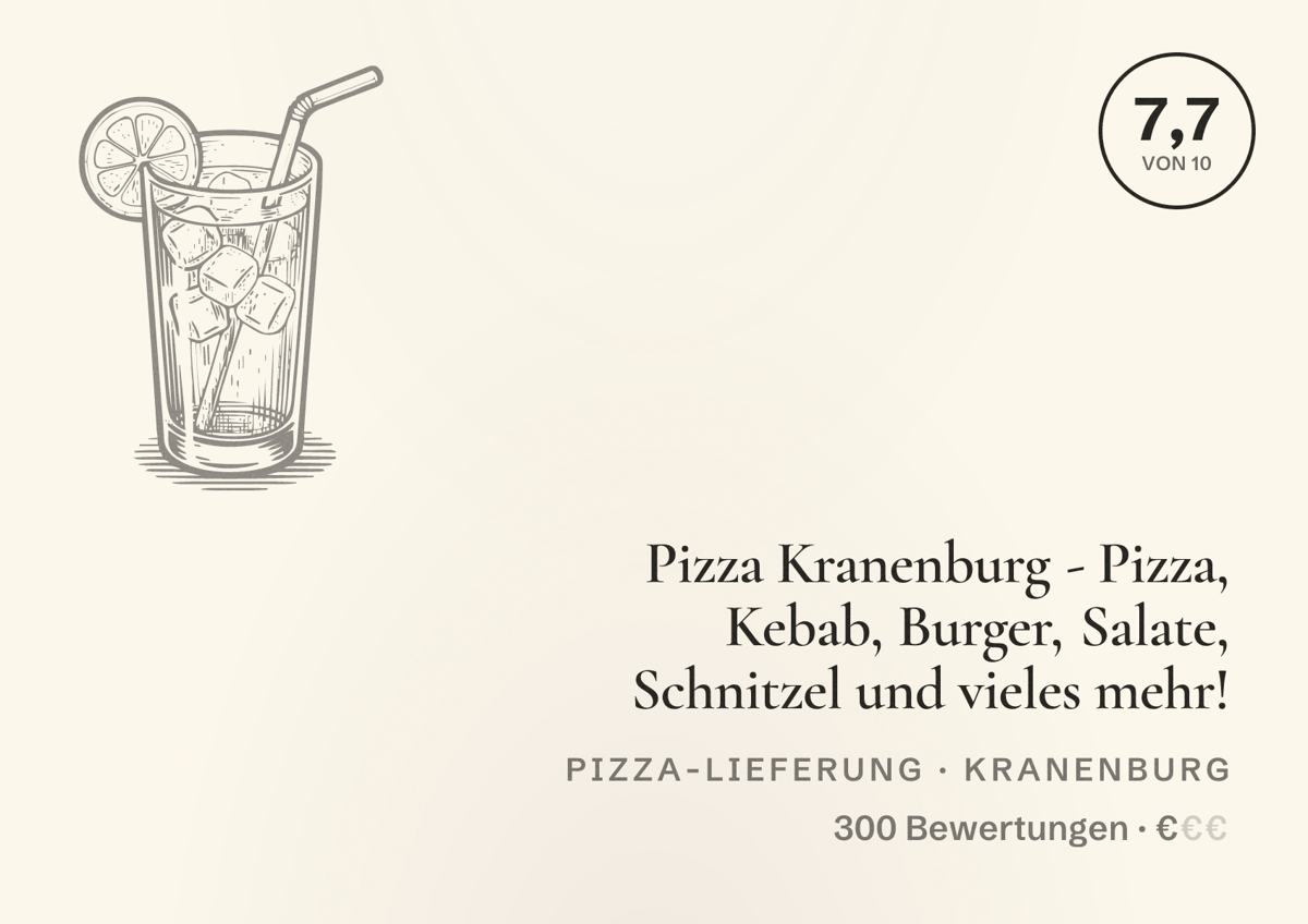 Illustriertes Poster von Pizza Kranenburg - Pizza, Kebab, Burger, Salate, Schnitzel und vieles mehr!, Pizza-Lieferung in Kranenburg: Bewertung 7,7 von 10 aus 300 Bewertungen, Preisniveau €
