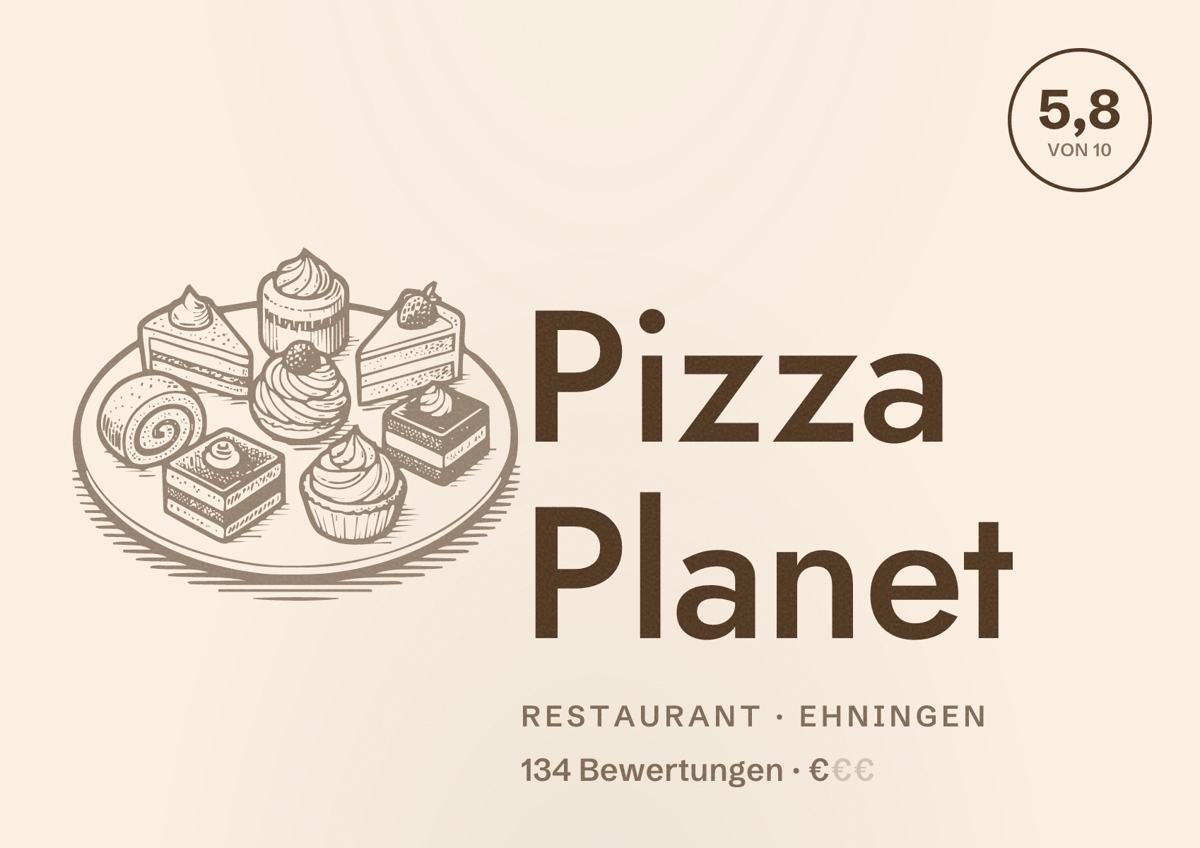 Illustriertes Poster von Pizza Planet, Restaurant in Ehningen: Bewertung 5,8 von 10 aus 134 Bewertungen, Preisniveau €