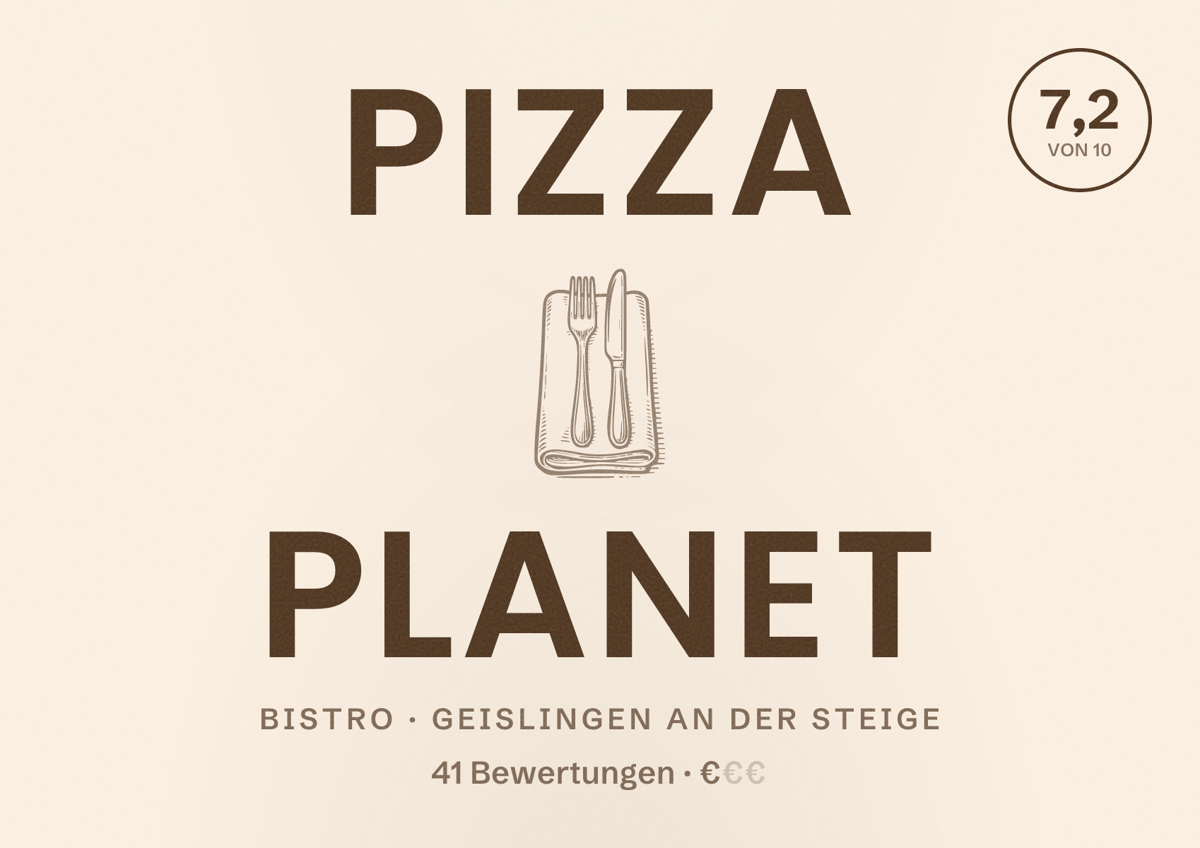 Illustriertes Poster von Pizza Planet, Bistro in Geislingen an der Steige: Bewertung 7,2 von 10 aus 41 Bewertungen, Preisniveau €