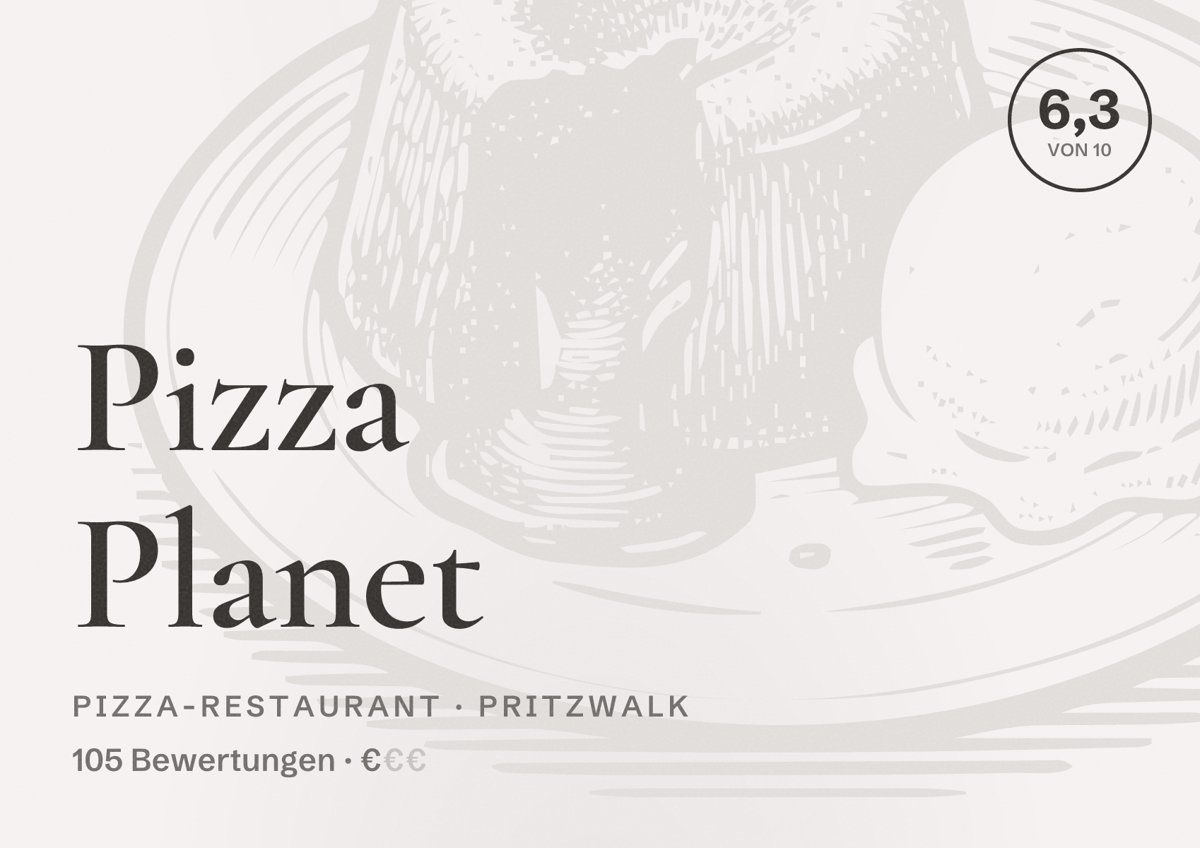 Illustriertes Poster von Pizza Planet, Pizza-Restaurant in Pritzwalk: Bewertung 6,3 von 10 aus 105 Bewertungen, Preisniveau €