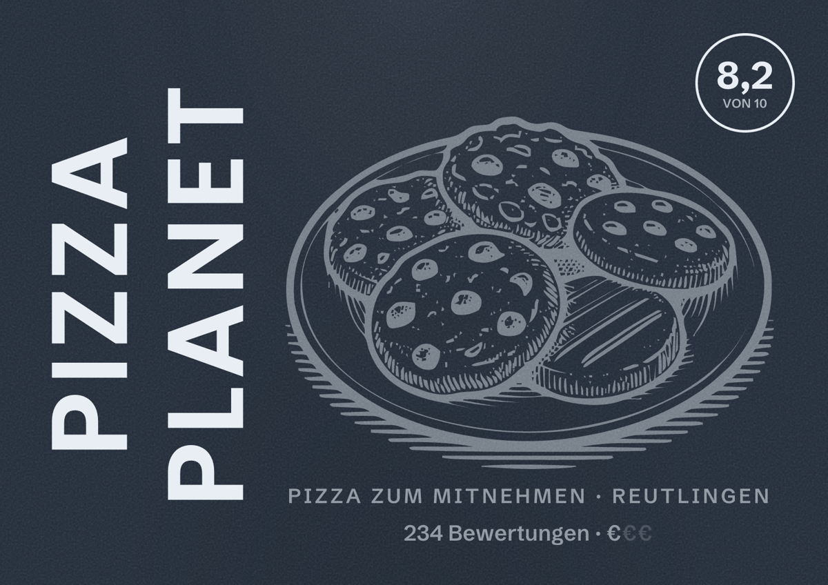 Illustriertes Poster von Pizza Planet, Pizza zum Mitnehmen in Reutlingen: Bewertung 8,2 von 10 aus 234 Bewertungen, Preisniveau €