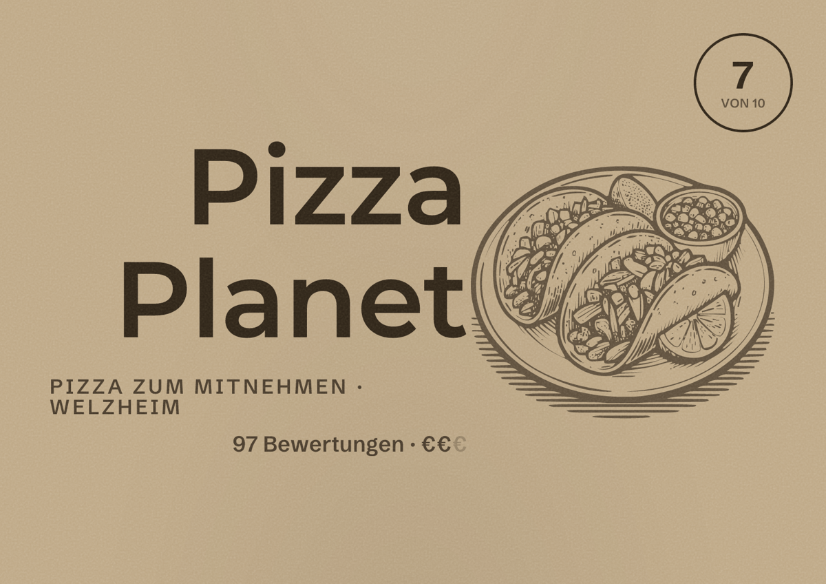 Illustriertes Poster von Pizza Planet, Pizza zum Mitnehmen in Welzheim: Bewertung 7 von 10 aus 97 Bewertungen, Preisniveau €€