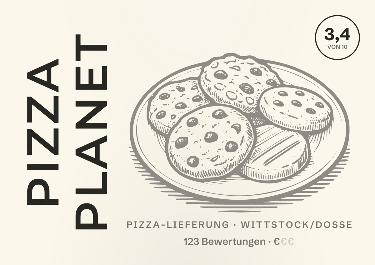 Illustriertes Poster von Pizza Planet, Pizza-Lieferung in Wittstock/Dosse: Bewertung 3,4 von 10 aus 123 Bewertungen, Preisniveau €