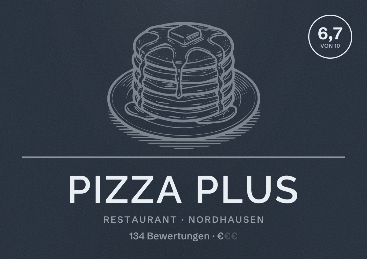 Illustriertes Poster von PIZZA PLUS, Restaurant in Nordhausen: Bewertung 6,7 von 10 aus 134 Bewertungen, Preisniveau €