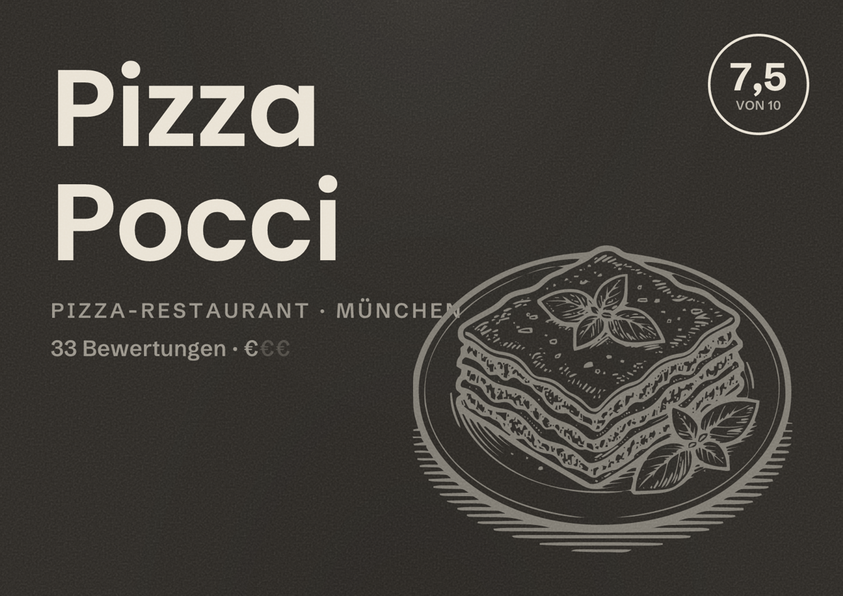 Illustriertes Poster von Pizza Pocci, Pizza-Restaurant in München: Bewertung 7,5 von 10 aus 33 Bewertungen, Preisniveau €