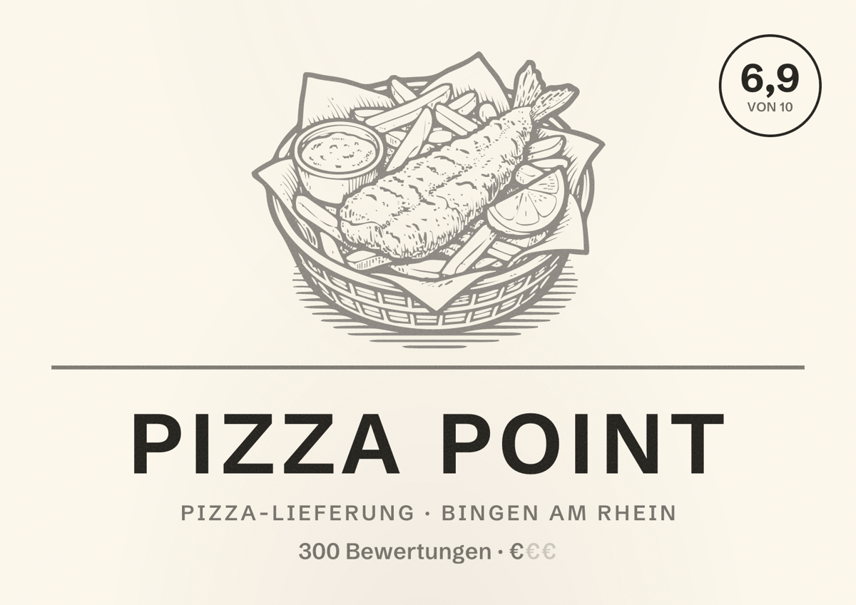 Illustriertes Poster von Pizza Point, Pizza-Lieferung in Bingen am Rhein: Bewertung 6,9 von 10 aus 300 Bewertungen, Preisniveau €