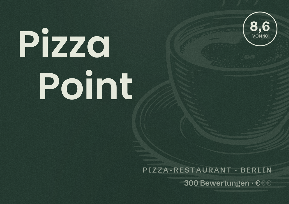 Illustriertes Poster von Pizza Point, Pizza-Restaurant in Berlin: Bewertung 8,6 von 10 aus 300 Bewertungen, Preisniveau €
