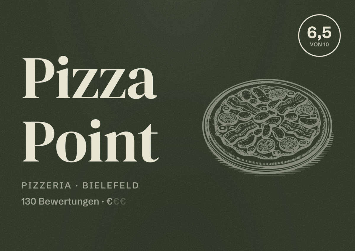 Illustriertes Poster von Pizza Point, Pizzeria in Bielefeld: Bewertung 6,5 von 10 aus 130 Bewertungen, Preisniveau €
