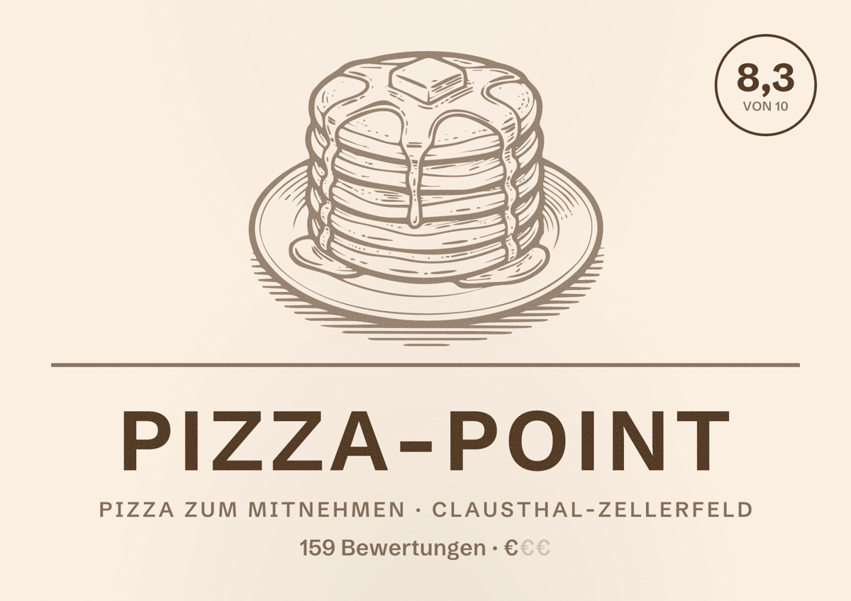Illustriertes Poster von Pizza-Point, Pizza zum Mitnehmen in Clausthal-Zellerfeld: Bewertung 8,3 von 10 aus 159 Bewertungen, Preisniveau €