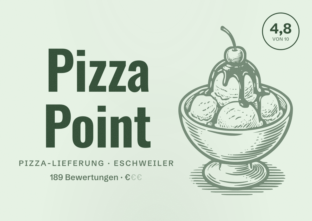 Illustriertes Poster von Pizza Point, Pizza-Lieferung in Eschweiler: Bewertung 4,8 von 10 aus 189 Bewertungen, Preisniveau €