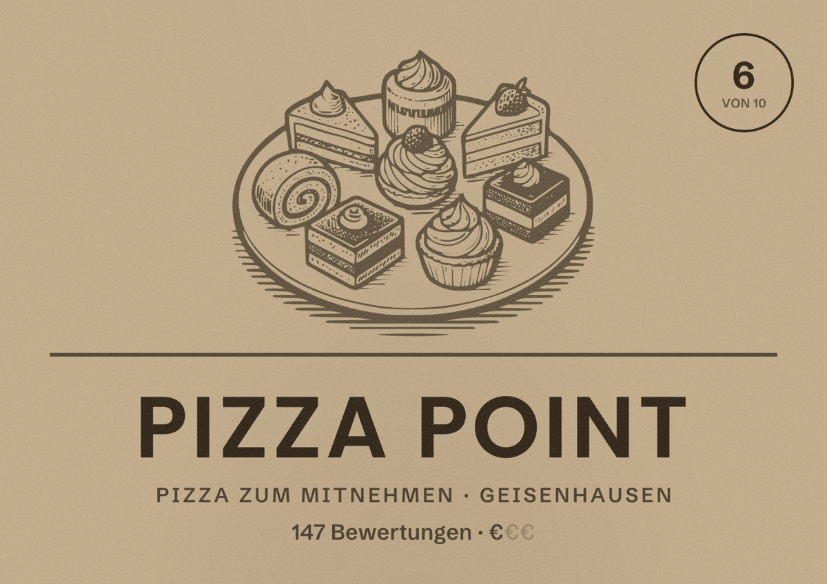 Illustriertes Poster von Pizza Point, Pizza zum Mitnehmen in Geisenhausen: Bewertung 6 von 10 aus 147 Bewertungen, Preisniveau €