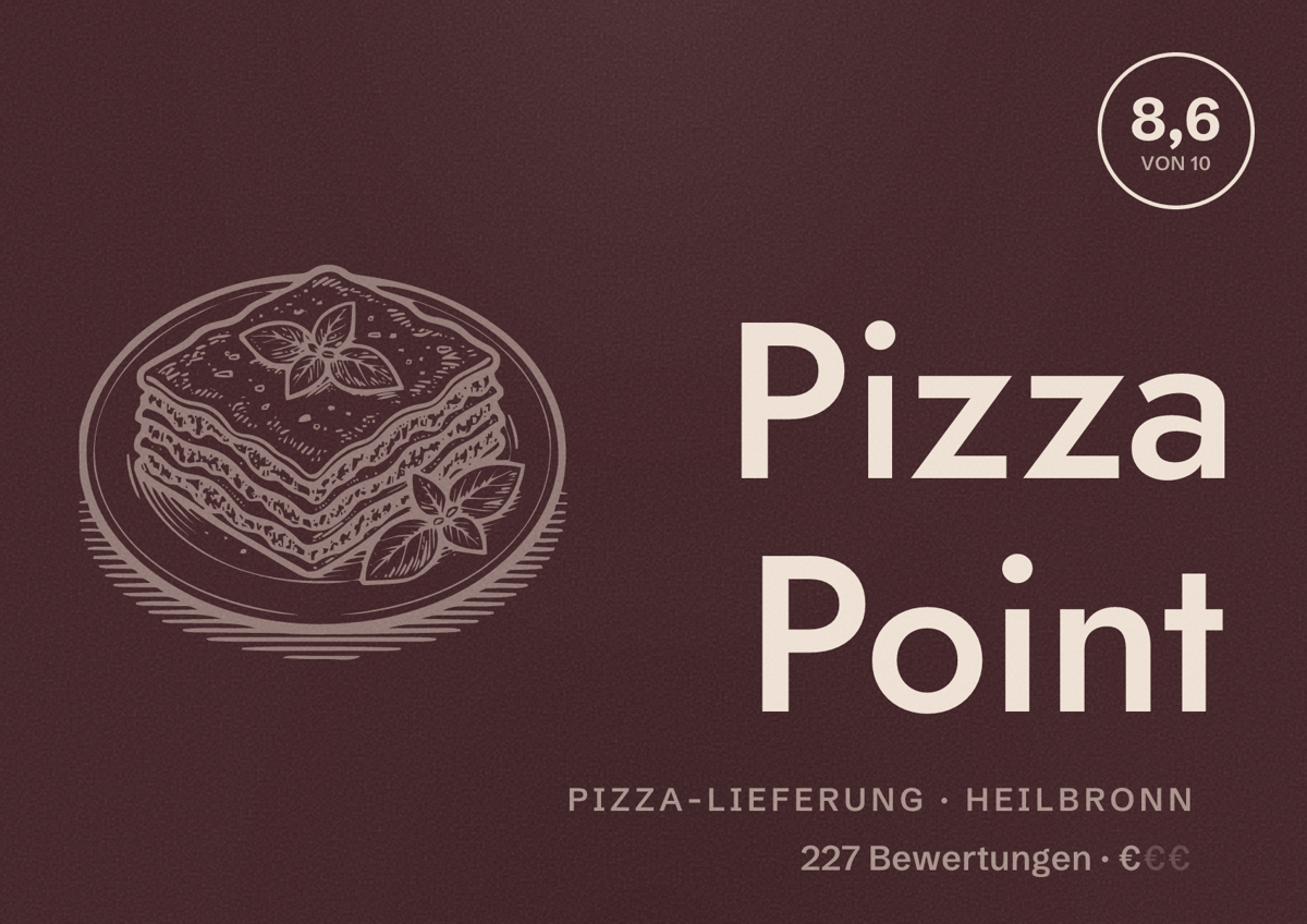 Illustriertes Poster von Pizza Point, Pizza-Lieferung in Heilbronn: Bewertung 8,6 von 10 aus 227 Bewertungen, Preisniveau €