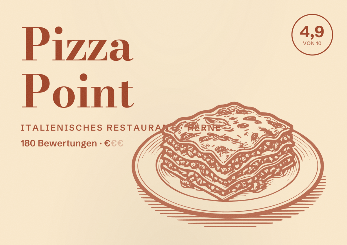 Illustriertes Poster von Pizza Point, Italienisches Restaurant in Herne: Bewertung 4,9 von 10 aus 180 Bewertungen, Preisniveau €