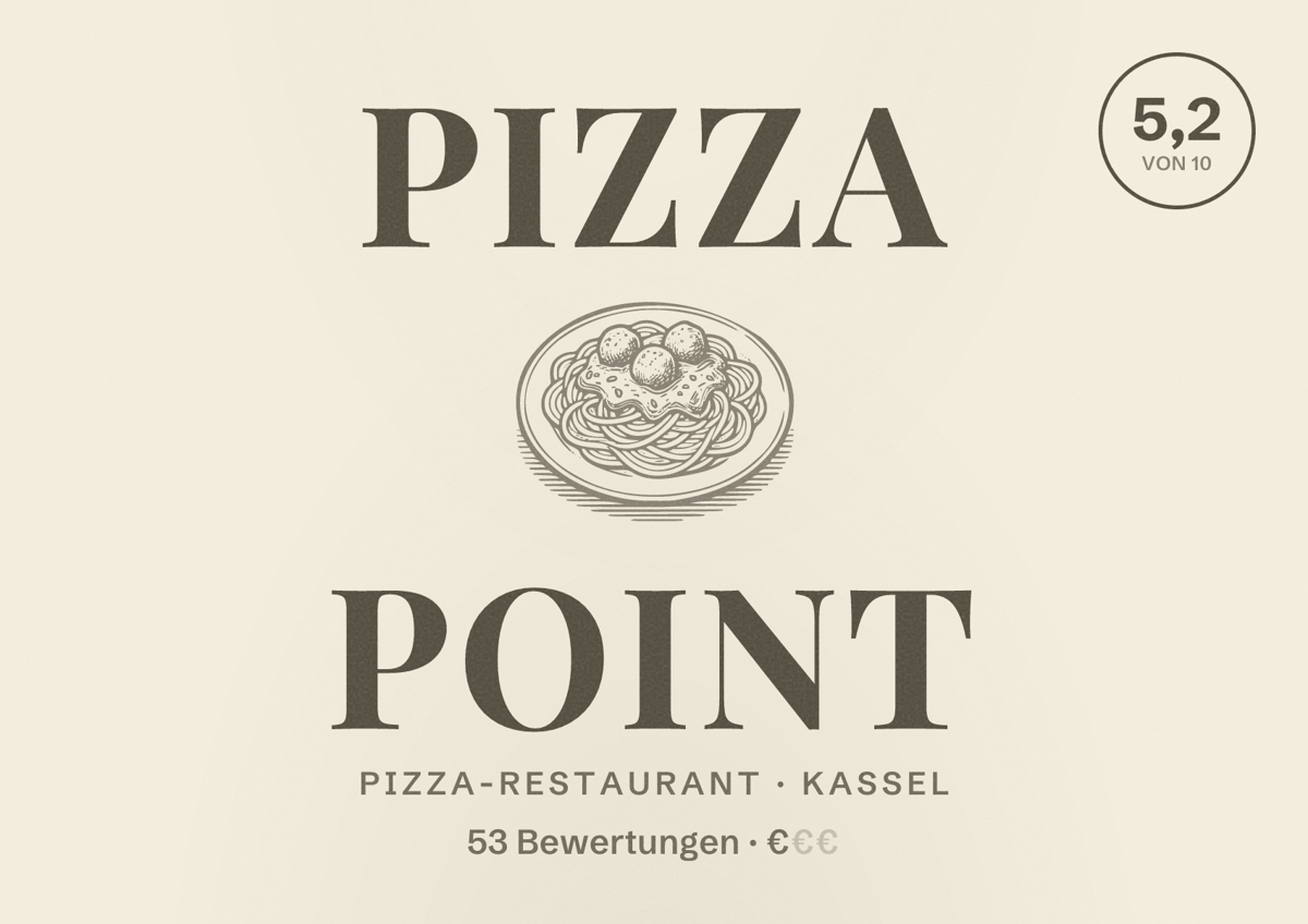 Illustriertes Poster von Pizza Point, Pizza-Restaurant in Kassel: Bewertung 5,2 von 10 aus 53 Bewertungen, Preisniveau €