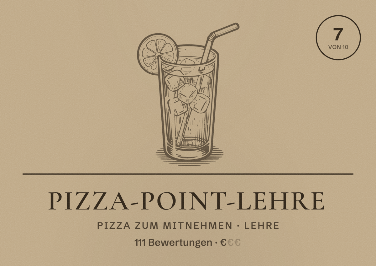Illustriertes Poster von Pizza-Point-Lehre, Pizza zum Mitnehmen in Lehre: Bewertung 7 von 10 aus 111 Bewertungen, Preisniveau €