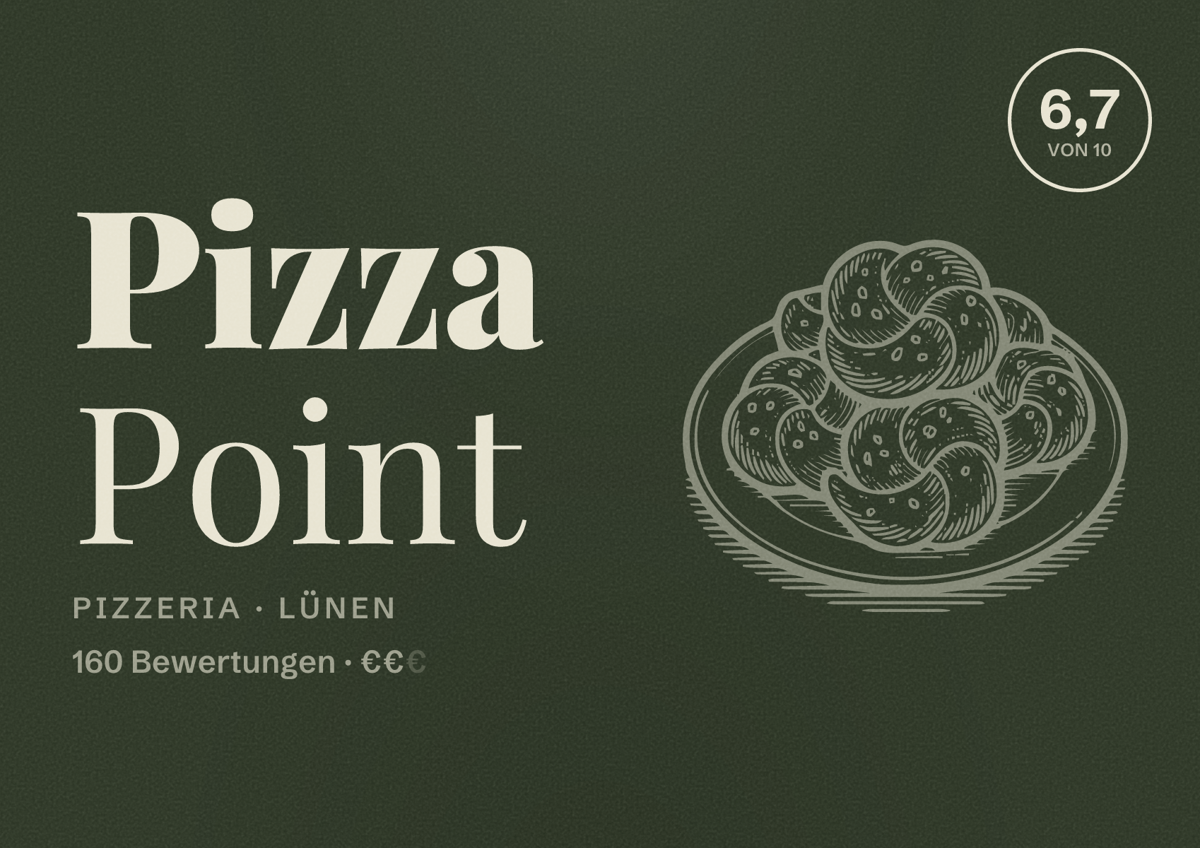 Illustriertes Poster von Pizza Point, Pizzeria in Lünen: Bewertung 6,7 von 10 aus 160 Bewertungen, Preisniveau €€