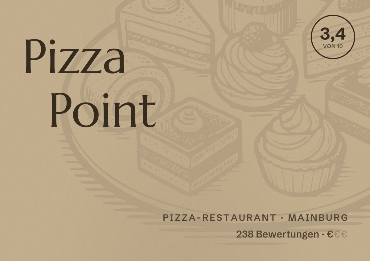 Illustriertes Poster von Pizza Point, Pizza-Restaurant in Mainburg: Bewertung 3,4 von 10 aus 238 Bewertungen, Preisniveau €