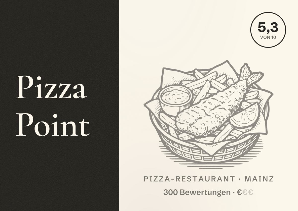 Illustriertes Poster von Pizza Point, Pizza-Restaurant in Mainz: Bewertung 5,3 von 10 aus 300 Bewertungen, Preisniveau €