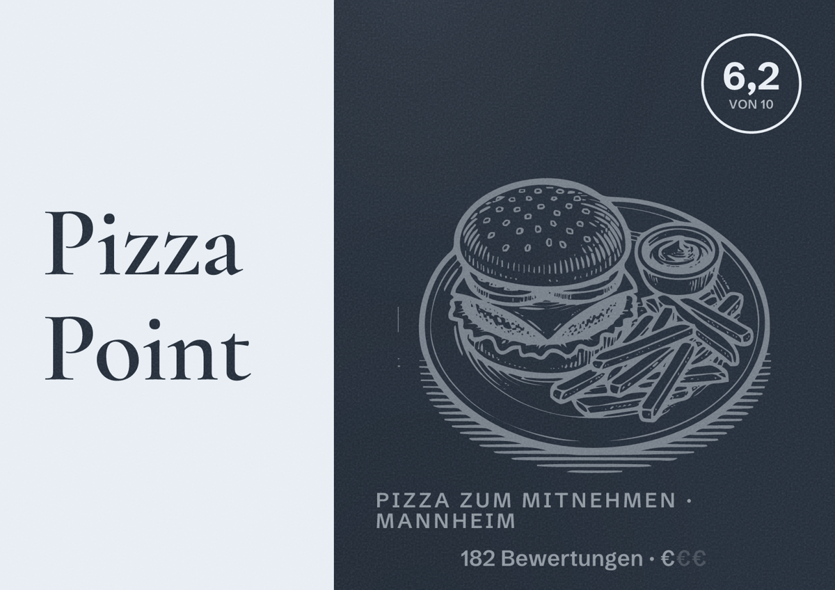 Illustriertes Poster von Pizza Point, Pizza zum Mitnehmen in Mannheim: Bewertung 6,2 von 10 aus 182 Bewertungen, Preisniveau €