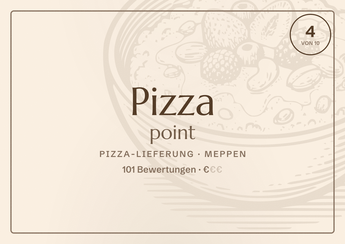 Illustriertes Poster von Pizza point, Pizza-Lieferung in Meppen: Bewertung 4 von 10 aus 101 Bewertungen, Preisniveau €