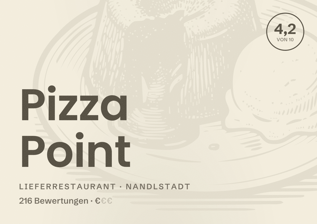Illustriertes Poster von Pizza Point, Lieferrestaurant in Nandlstadt: Bewertung 4,2 von 10 aus 216 Bewertungen, Preisniveau €