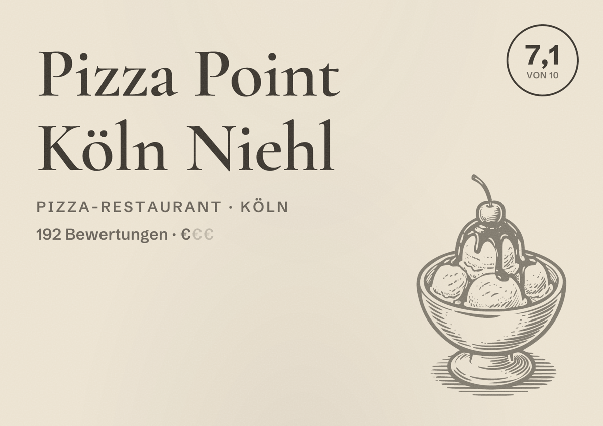 Illustriertes Poster von Pizza Point Köln Niehl, Pizza-Restaurant in Köln: Bewertung 7,1 von 10 aus 192 Bewertungen, Preisniveau €
