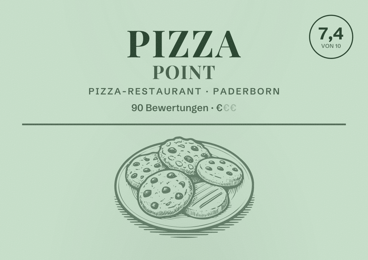 Illustriertes Poster von Pizza Point, Pizza-Restaurant in Paderborn: Bewertung 7,4 von 10 aus 90 Bewertungen, Preisniveau €