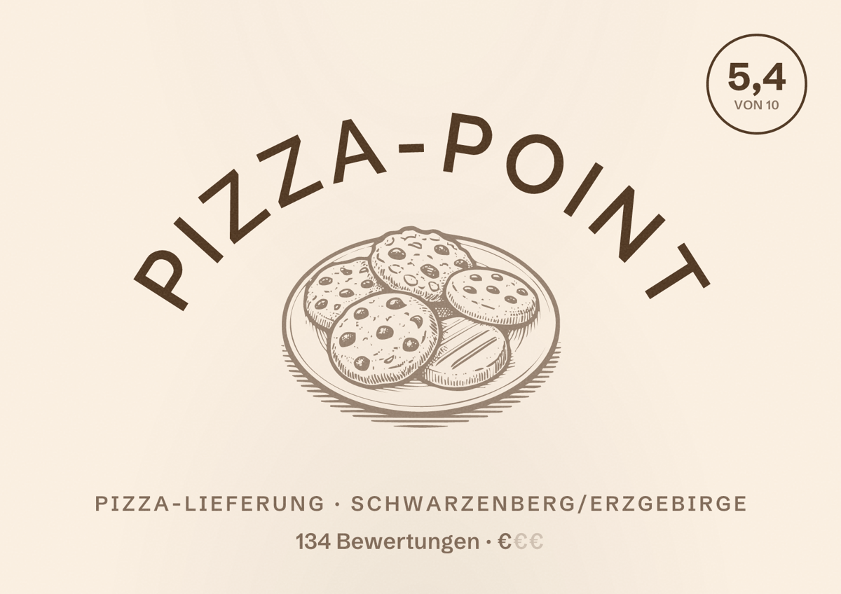 Illustriertes Poster von Pizza-Point, Pizza-Lieferung in Schwarzenberg/Erzgebirge: Bewertung 5,4 von 10 aus 134 Bewertungen, Preisniveau €