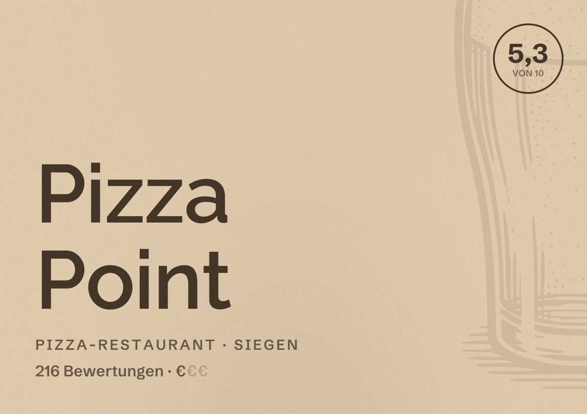 Illustriertes Poster von Pizza Point, Pizza-Restaurant in Siegen: Bewertung 5,3 von 10 aus 216 Bewertungen, Preisniveau €
