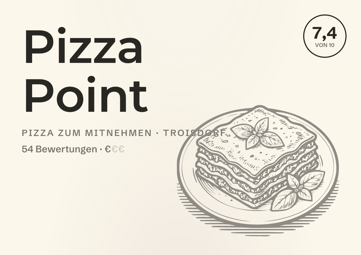 Illustriertes Poster von Pizza Point, Pizza zum Mitnehmen in Troisdorf: Bewertung 7,4 von 10 aus 54 Bewertungen, Preisniveau €
