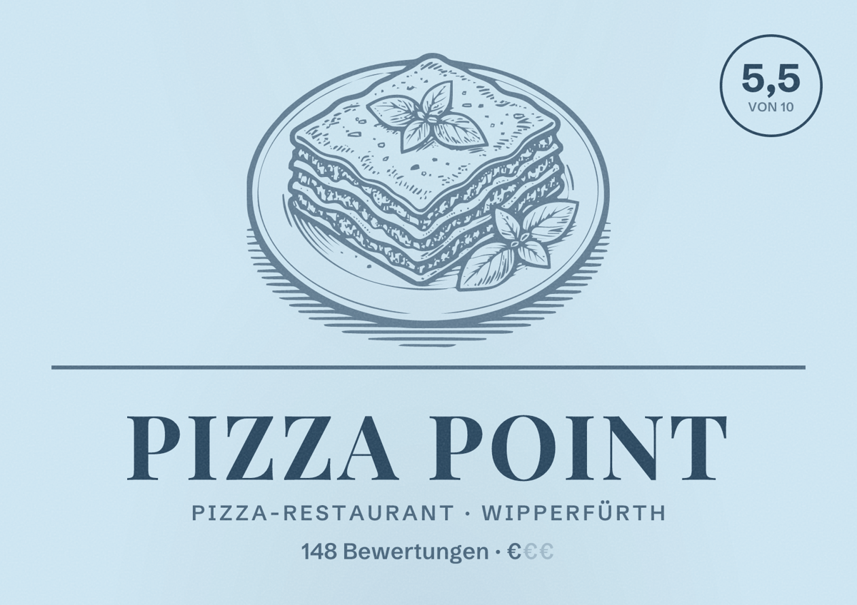 Illustriertes Poster von Pizza Point, Pizza-Restaurant in Wipperfürth: Bewertung 5,5 von 10 aus 148 Bewertungen, Preisniveau €